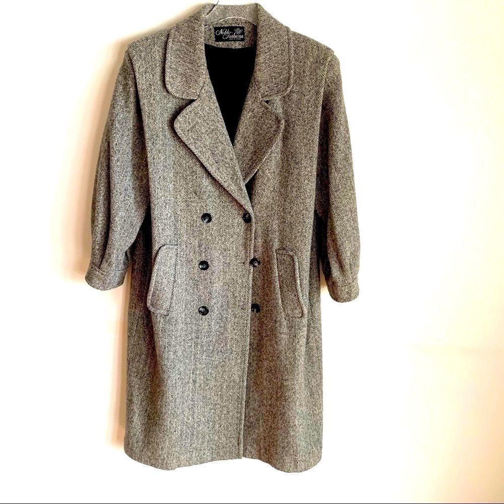 • VINTAGE Noble Fashions herringbone black & white wool blend long coat •